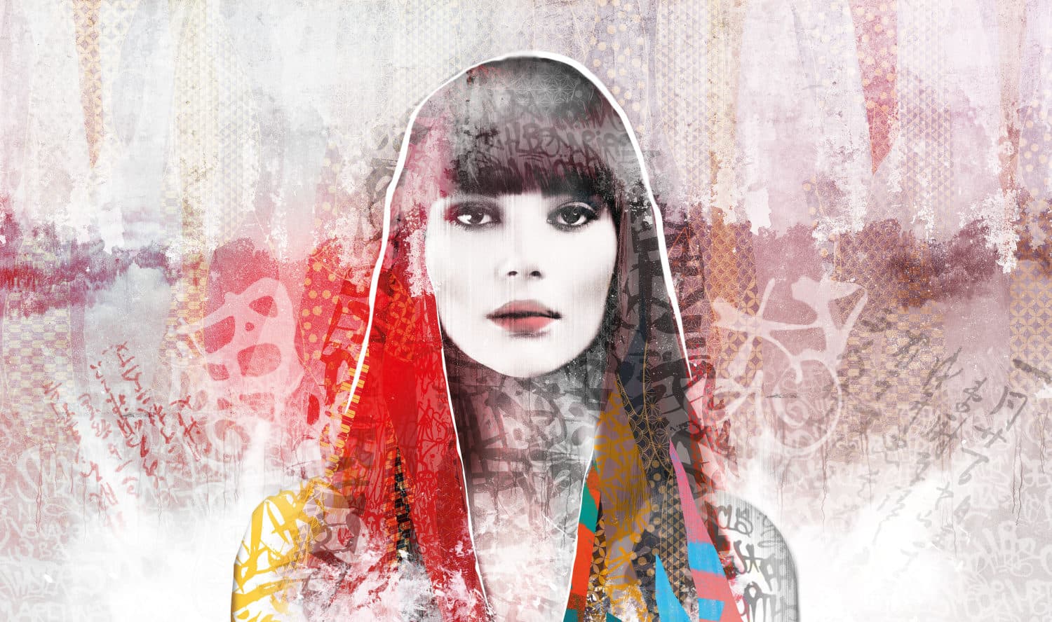 Mixed media vrouwenportret in rood en wit