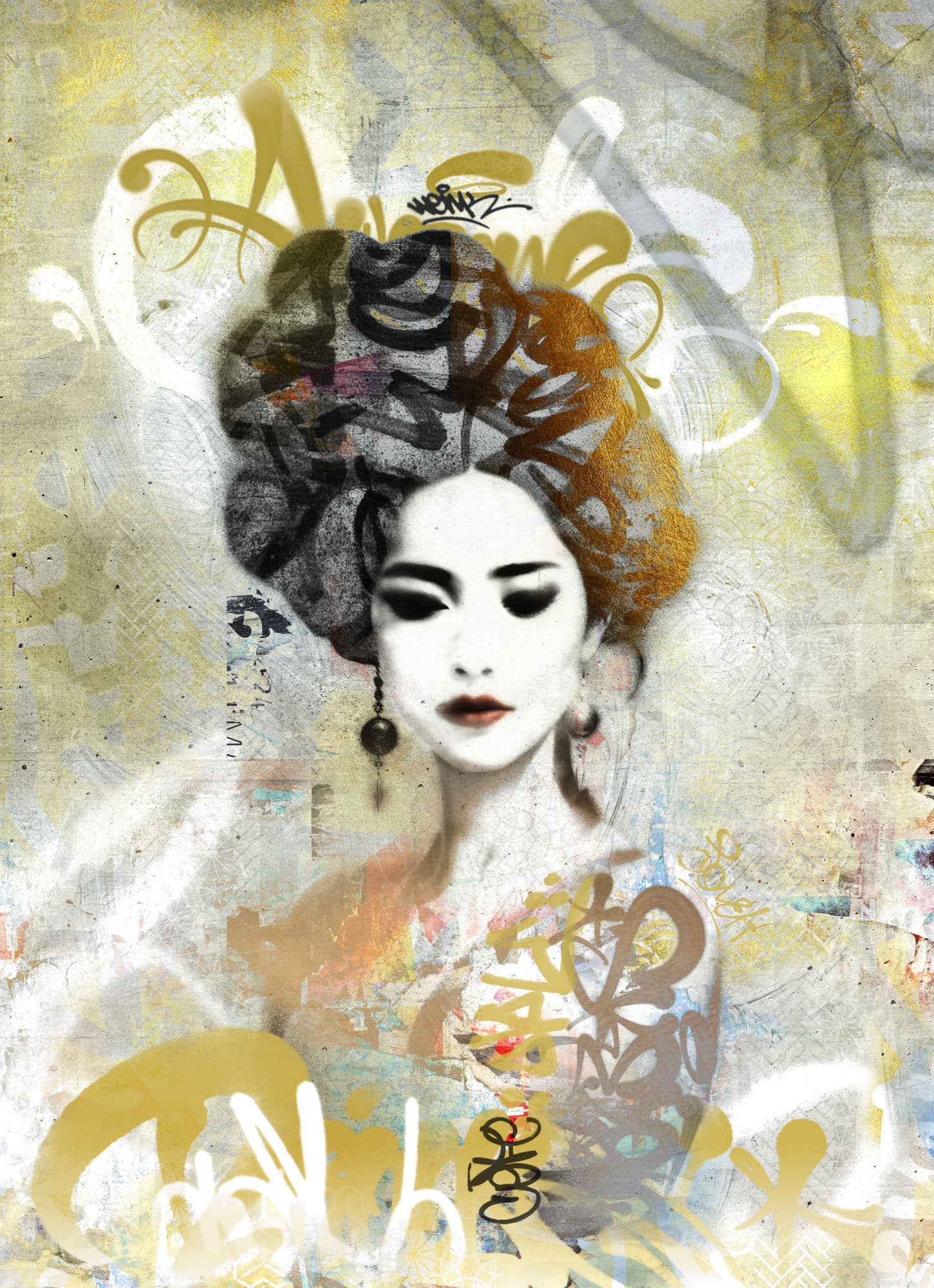 Geisha-portret mural met graffiti
