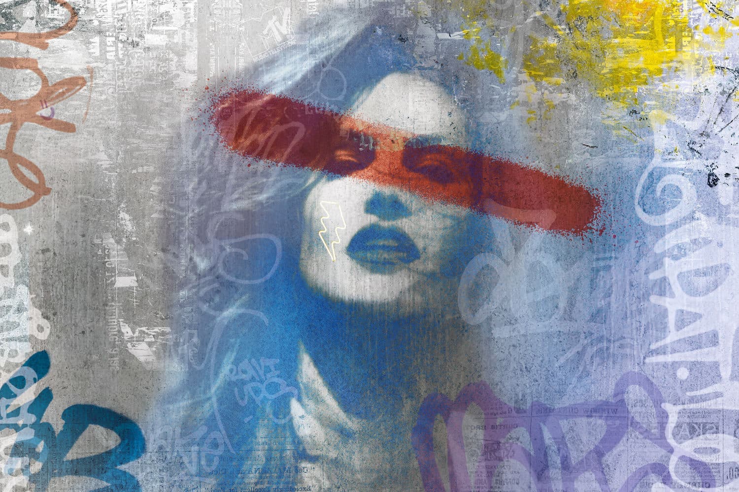 Krachtige pop-art portretmural in blauw met graffitiletters
