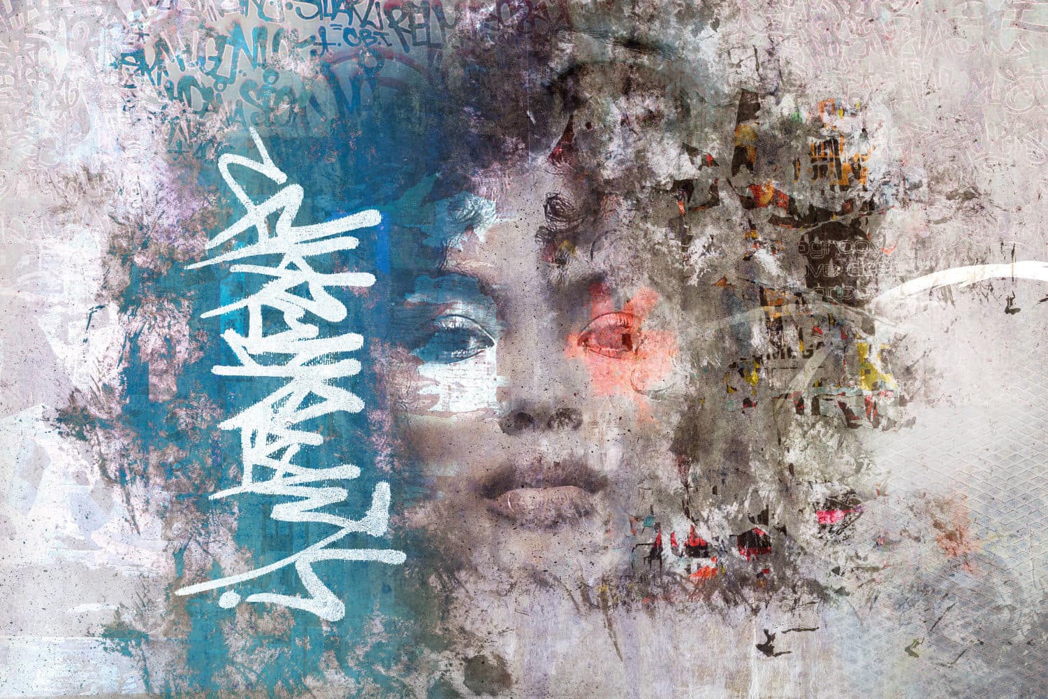 Mixed-media portretmural met blauwe graffiti