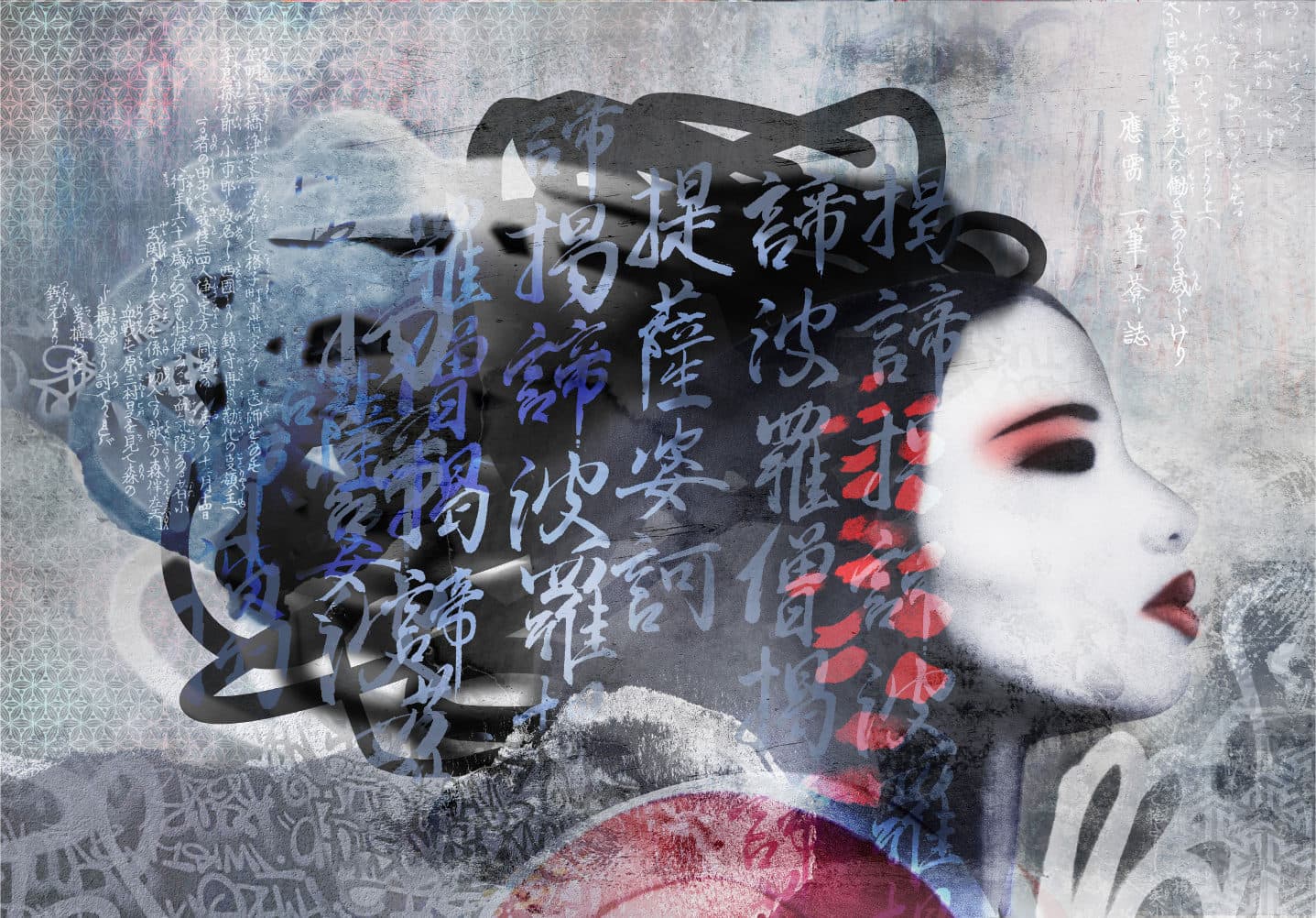 Geisha mural met Aziatische kalligrafie