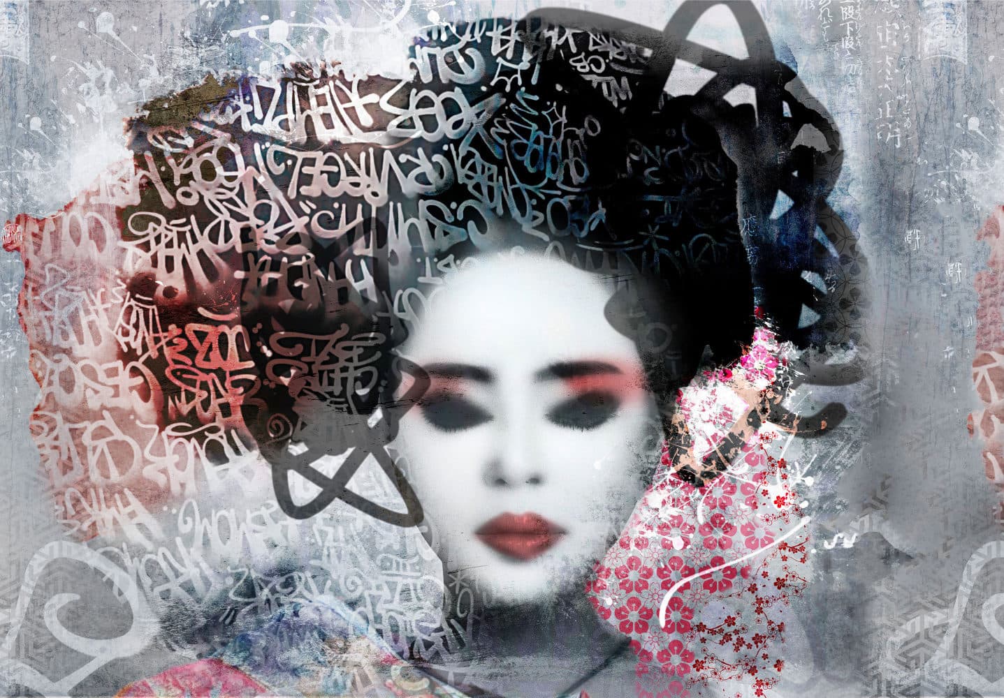 Door geisha geïnspireerde street-art mural met kersenbloesem en graffitidetails