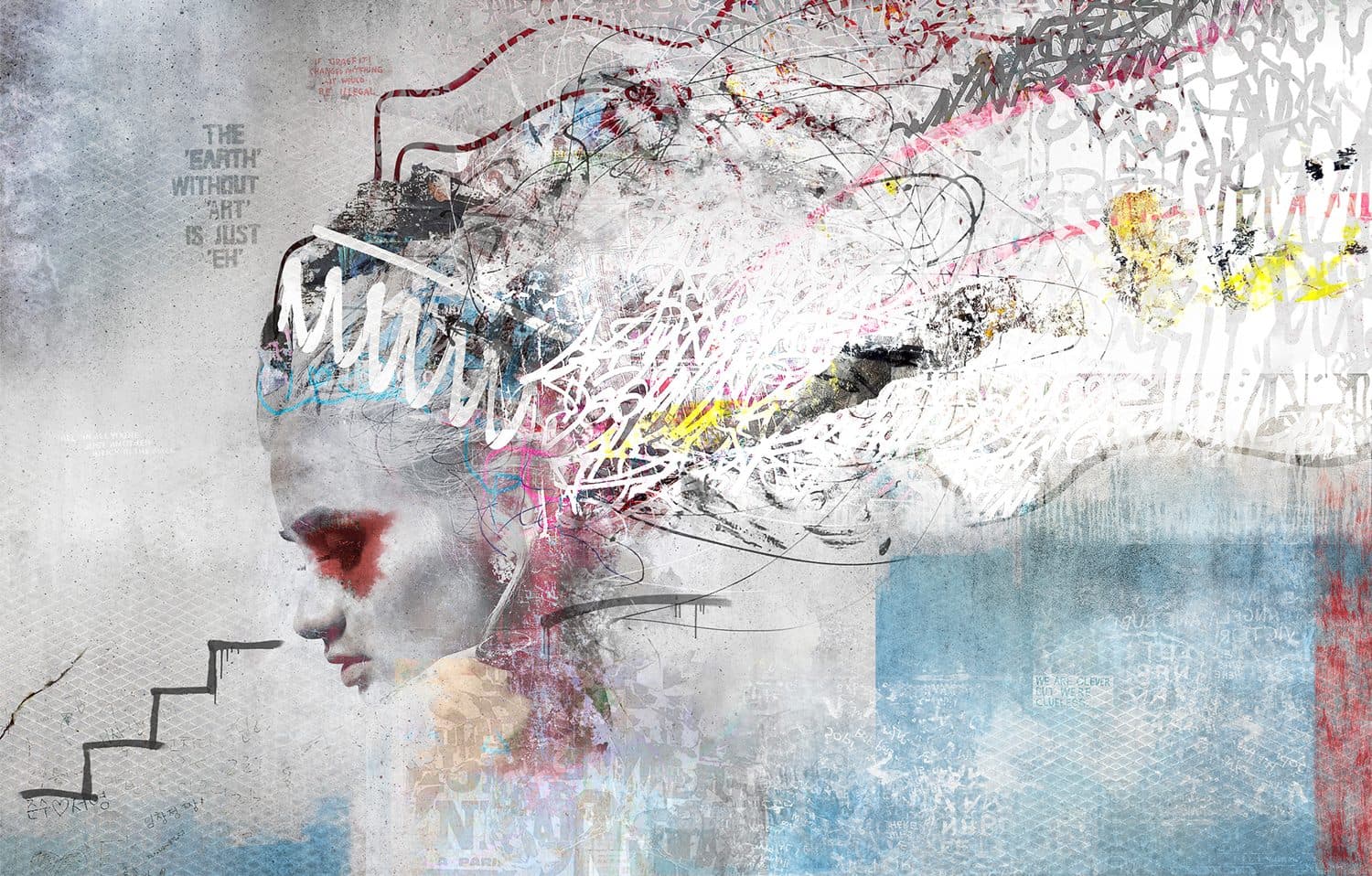 Abstracte street art mural met portret